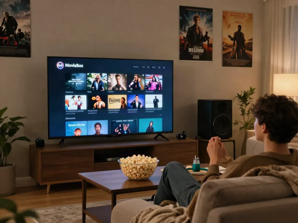 Enjoying the movie box app download in a cozy living room setup with a vibrant TV display.