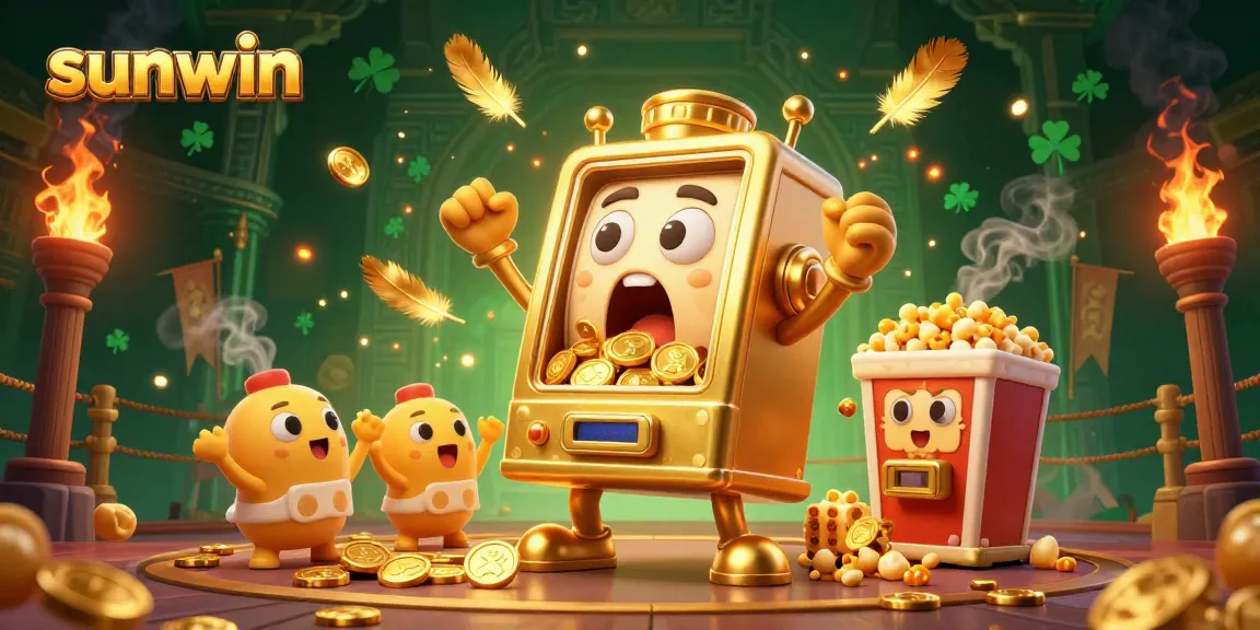 Experience the thrill of winnings with Sunwin's golden slot machines and cheering icons amidst vibrant casino elements.