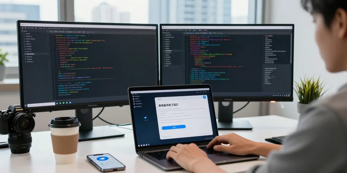 Customizing Telegram Chinese settings in a modern workspace with dual monitors.
