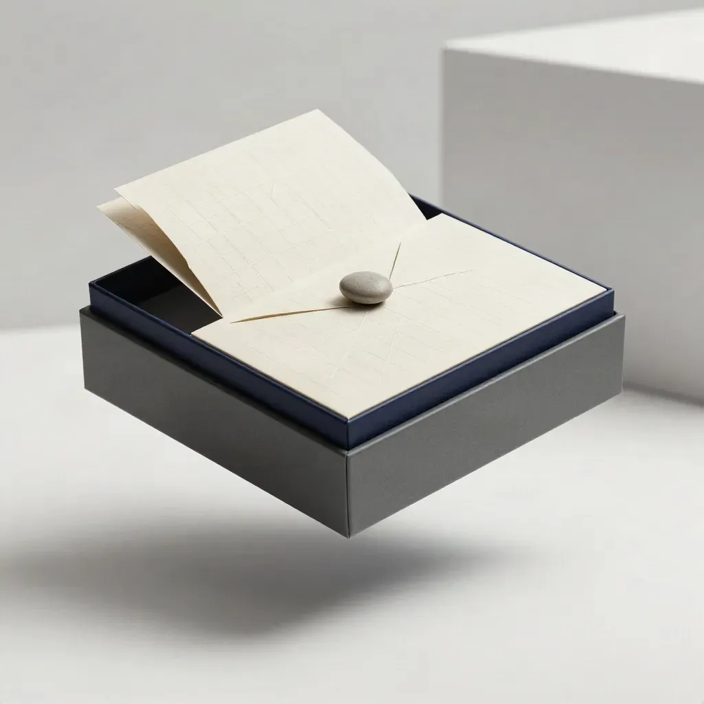 Floating sealed map-box kit with grid tiles, route cards, and a pebble weight on a pale studio field.