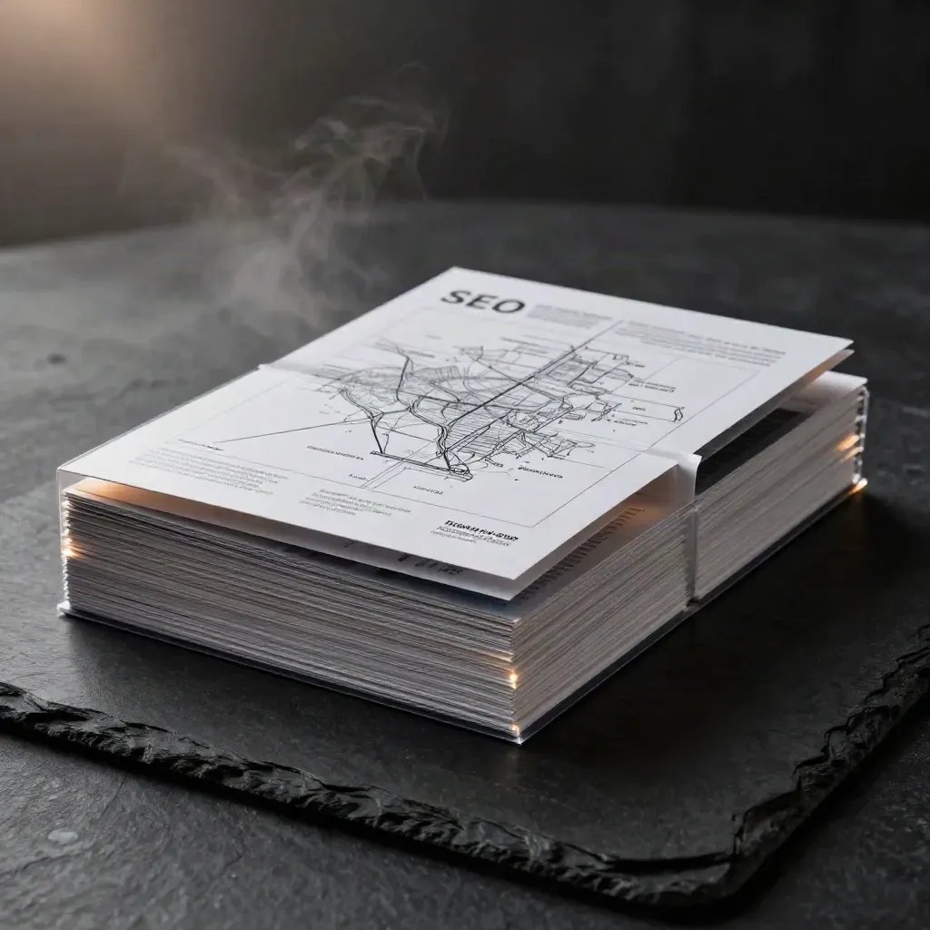 Charcoal SEO audit dossier with layered inserts and white site-map card on a dark slate surface