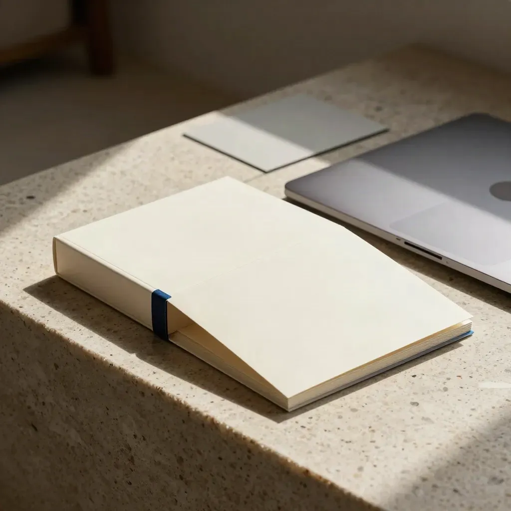 Canadian lead kit on travertine with folders and laptop in soft daylight haze