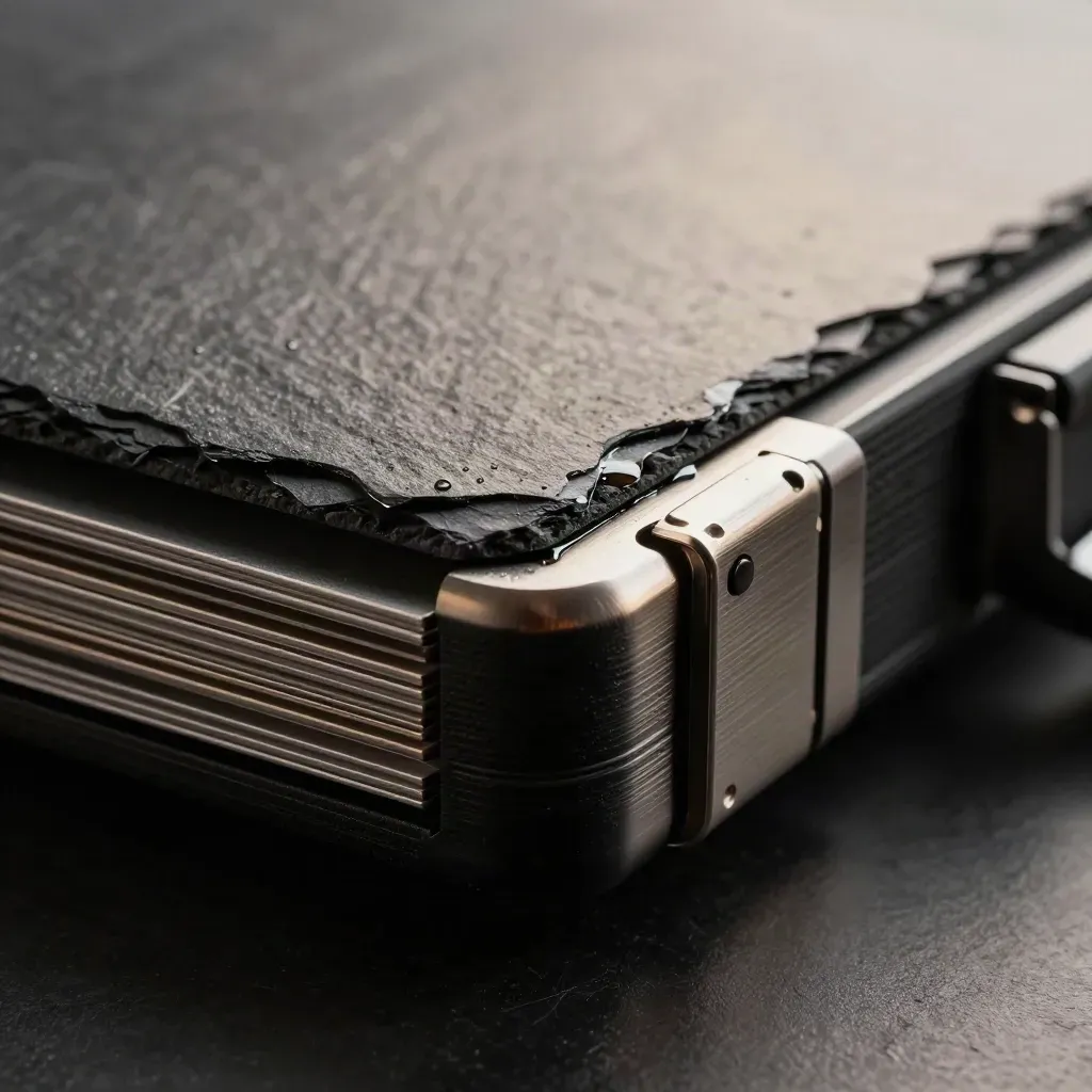 Macro of a digital marketing launch kit on wet black stone with slate-toned metal details.