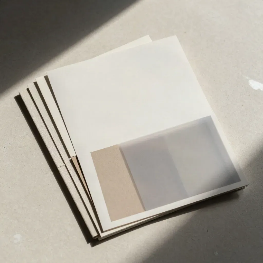 Overhead flatlay of folded website mockup sheets, swatches, and cardboard template on pale plaster.