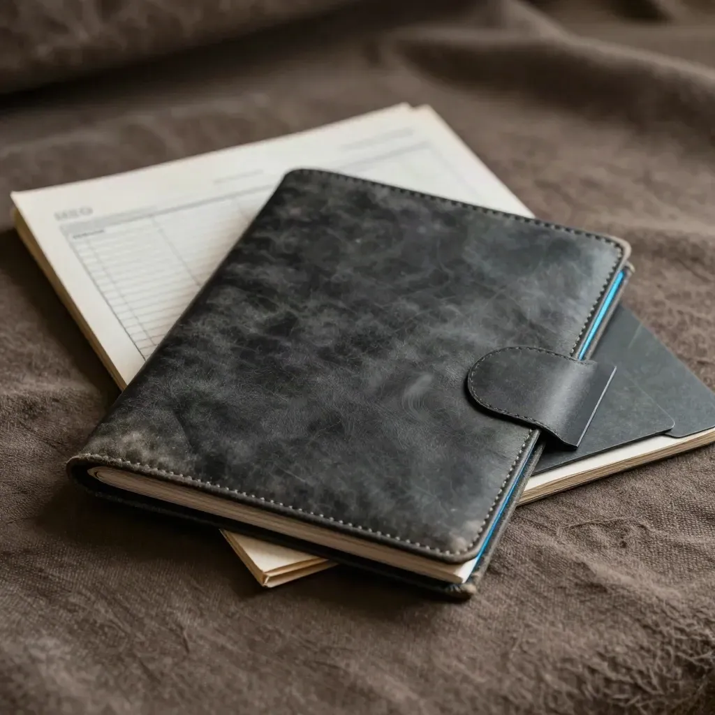 Dark linen SEO care folio half-buried in graphite fabric with blue edge light