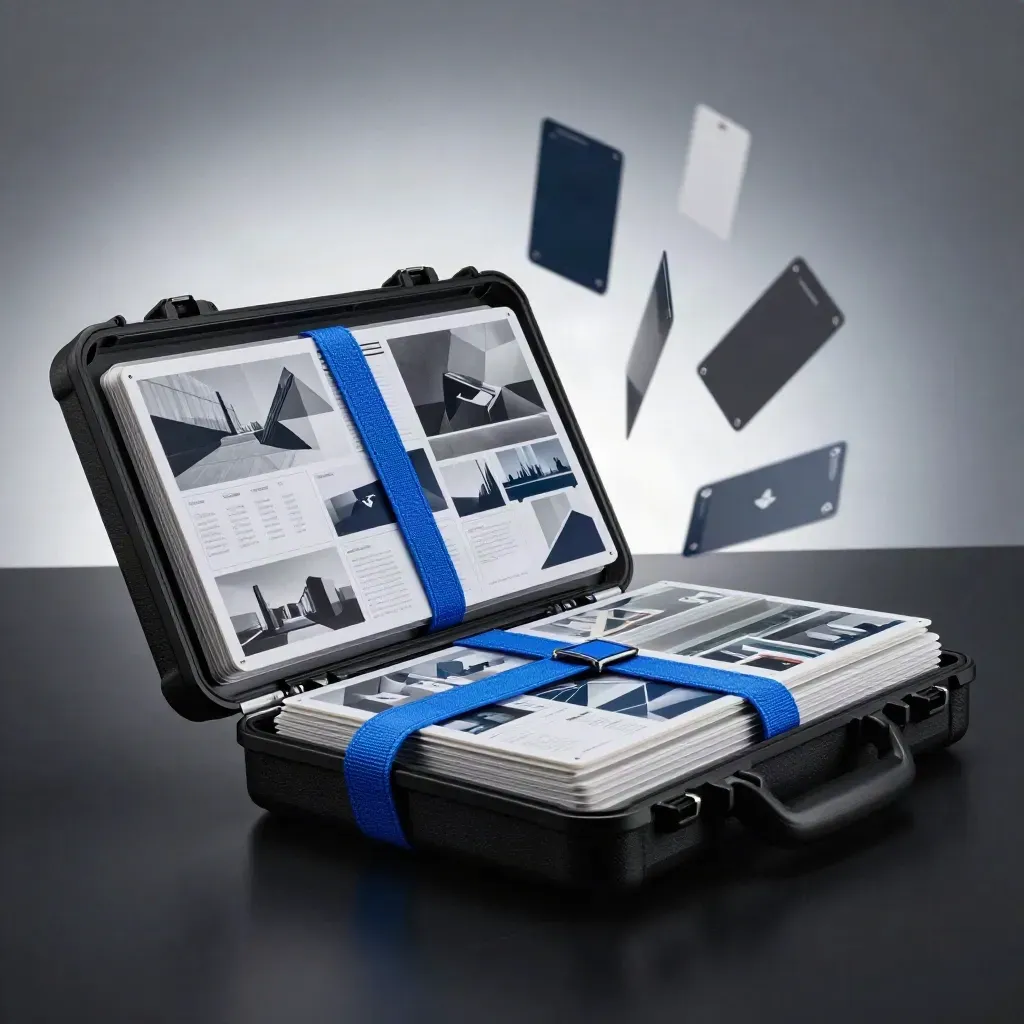 Open bundle case with blue strap and modular cards bursting on a black studio surface.