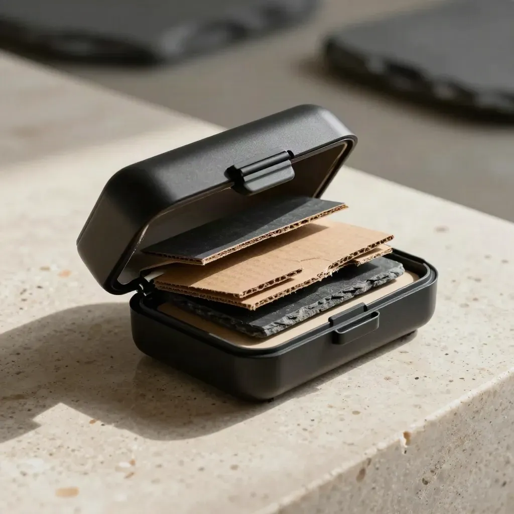 Opened matte-black technical SEO repair kit with slate tabs and split cardboard on travertine.