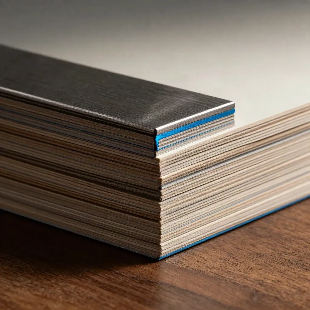Macro of staggered ad-group tiles with brushed metal block and electric-blue edge on a pale studio field.
