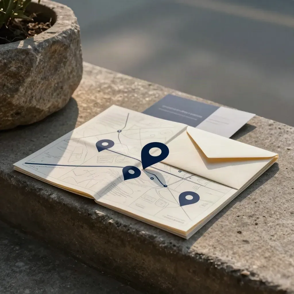 Folded map-grid kit with navy location pins beside a stone planter in cool morning light.