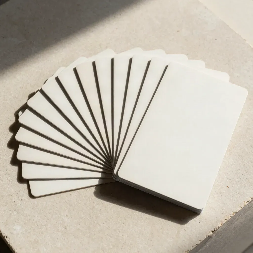 Overhead flatlay of fanned content calendar cards with a spine block on pale stone.