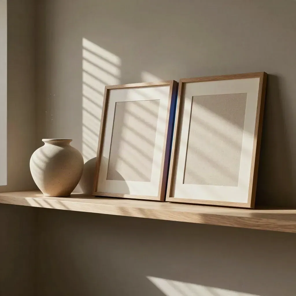 Low-angle studio shelf with blank frames, ceramic vessel, dusty light and a faint electric-blue edge
