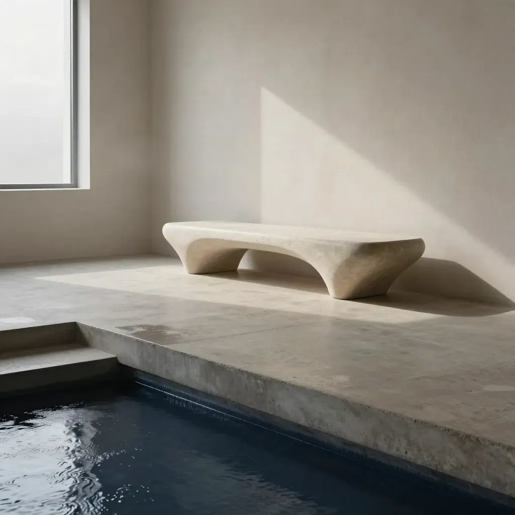 Sunlit concrete stair landing with sculptural bench and soft rain reflections