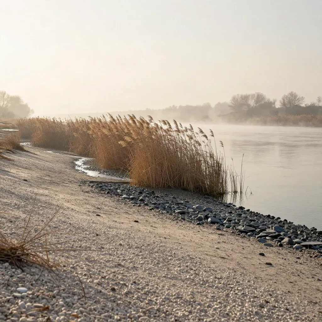 Dawn riverbank with reeds, gravel ledge, mist, and still water under a bright sky break.
