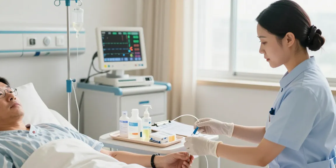 Nurse administering IV equipment in a bright hospital room, showcasing patient care.