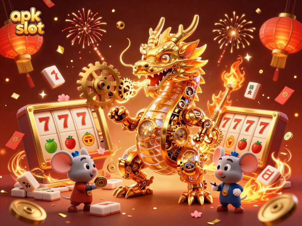 Engage in apk slot gaming with a vibrant 3D dragon and dynamic slot elements.