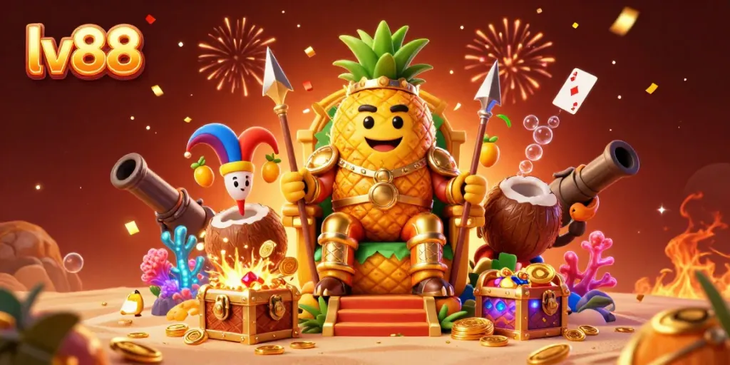 Engage with lv88's vibrant online casino scene featuring a golden pineapple king and dynamic game elements.