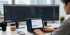 Customizing Telegram Chinese settings in a modern workspace with dual monitors.